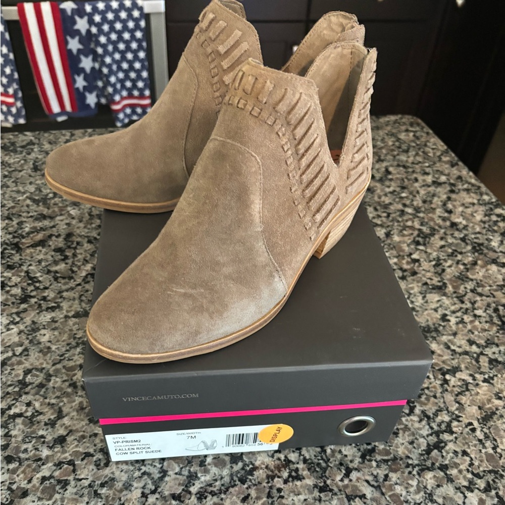 NWOT in box Vince Camuto Taupe Suede make Bootie with detail. Size 7M